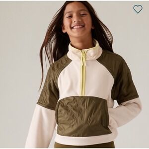 Athleta Girl Fleece Pullover Quarter Zip Quilted Olive Pocket‎ Kids Size XL/14